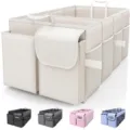 Collapsible car trunk organizer with multi compartments, durable fabric storage box in beige. - Off White