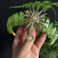 Natural green crystal crown headband featuring sun goddess charm, exquisite quartz tiara. - Green Gold Sun