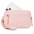 Pink mini quilted wristlet pouch with zipper pockets and phone compartment storage. - Pink