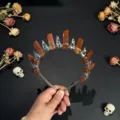 Gothic crystal crown headband with orange stones and skull accents for Halloween. - Red Agate And Silver Crow Head