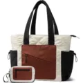 Detailed view of the quilted puffer tote bag and matching pouch with contrast pockets. - Black-Brown with Pouch