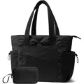Black quilted puffer tote bag and pouch set, lightweight nylon travel shoulder handbag. - Black With Mini Bag