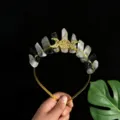 Diadème serre-tête en cristal naturel avec accessoires dorés triple lune pour femmes photo - Fil d'Or & Triple Lune / Quartz Rutilé Noir