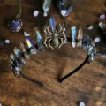 Crystal crown headband close up detail, titanium quartz stone tiara, gothic spider hair accessory. - Multicolor Accent With Spider