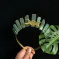 Natural crystal crown headband featuring 11 green stones and a gold triple moon accent. - Gold Wire & Triple Moon / Green Aventurine