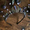 Natural crystal tiara headband with aura quartz points and crescent moon for women. - Multicolor Accent With Large Hollow Moon