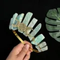 Natural crystal tiara detail showing raw green stone pillars and gold triple moon metal charms. - Gold Wire & Triple Moon / Amazonite