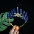 Lapis lazuli crystal crown headband with gold wire and triple moon goddess motif for women. - Gold Wire & Triple Moon / Lapis Lazuli