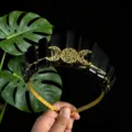 11 Cristaux Noirs Couronne Bandeau Triple Lune Accessoires Or Coiffe Gothique - Fil d'Or & Triple Lune / Obsidienne