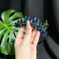 Blue crystal crescent moon branch crown headband detail shot, elegant goddess hair accessory. - Moon Branch Crown Headband / Dark Blue