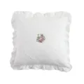 French vintage white throw pillow with elegant lace embroidery, ruffled edges and floral motif. - Style #5