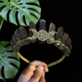 Diadème Cristal Quartz Fumé Triple Lune Fil Or Couronne Déesse Bandeau Cheveux - Fil d'Or & Triple Lune / Quartz Fumé