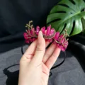 Close-up detail of the pink crystal moon branch hairband, exquisite handmade crown. - Moon Branch Crown Headband / Rose Red