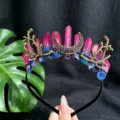 Crystal quartz moon branch headband tiara fairy hair accessory for women photo prop detail - Moon Branch Crown Headband / Red and Blue (Bicolor Crystal)