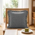 Black and white gingham ruffle throw pillow, cozy farmhouse couch cushion cover for home decor. - Navy Check Ruffle