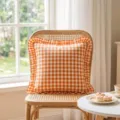 Orange checkered ruffle cushion cover, square washed cotton pillowcase for home decor. - Orange Check Ruffle