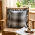 Black and white checkered throw pillow cover with cute ruffle edges, cotton vintage cushion - Black Check Ruffle