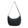 Black nylon shoulder bag for women, casual crescent crossbody bag with zipper pockets. - Black