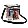 Dettaglio borsa a tracolla trasparente in PVC chiaro con bordi neri e grande capacità utile. - 20x15x13cm / Trasparente