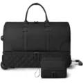 Detailed view of black rolling travel duffel bag with wheels, retractable handle and matching pouch. - Black