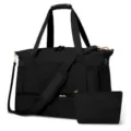 Women black travel duffel bag with USB port gym sports luggage and matching pouch set - Black