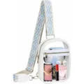 Clear PVC crossbody bag with wide woven strap, transparent chest bag for travel and outdoor. - White