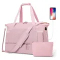 Pink women's travel duffel bag gym sports yoga tote with USB charging port and pouch - Pink