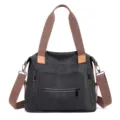 Borsa tote casual in tela nera da donna, borsa a tracolla grande con manici marroni. - Nero