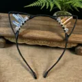 Handmade crystal cat ear hair hoop wire-wrapped detail view for women fashion accessories - Dark Blue Crackle + Milk Tea