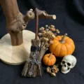 Miniature Halloween witch broom with gothic cross pendant and mini pumpkins decor. - Vintage Cross Style / 13*4cm