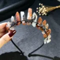 Diadema de corona de cristal natural con alambre negro y luna para fiesta y festival. - Cuarzo Hematoideo Y Luna Negra