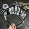 Close-up detail of natural crystal crown headband with black moon and wire wrapped stones. - Rutilated Quartz And Black Moon