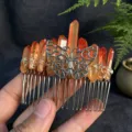 Crystal hair comb, handmade orange crystal stone hair clip with silver alloy butterfly accessory for women. - Yellow Orange With Butterfly