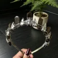 Gothic smoky quartz crystal tiara crown headband with silver bee and skull details for party. - Silver Raven Head & Bee / Smoky Quartz