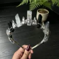 Gothic raw crystal tiara headband with natural quartz stone and bee charm for women party - Silver Raven Head & Bee / Black Rutilated Quartz