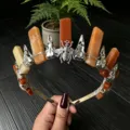 Crystal crown headband with orange crystal stones, metal bee and bird skull charms for party style. - Silver Raven Head & Bee / Red Aventurine