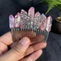 Handmade raw pink crystal hair comb with silver butterfly alloy for women daily wear hair jewelry - Light Pink With Butterfly