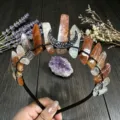 Natural raw crystal crown headband with black crescent moon gothic mystic gemstone hair hoop - Hematoid Quartz And Black Moon