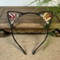 Handmade crystal cat ear headband with wire-wrapped red and orange gemstone clusters. - Dark Red + Yellow Orange
