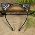 Handmade crystal cat ear headband with wire-wrapped aura quartz for women party hair. - Blue Red + Dark Blue