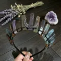 Crystal quartz crown headband detail with raw stone spikes and silver moon motif for styling. - Indian Agate And Black Moon