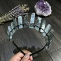 Natural crystal crown headband detail, featuring raw stone slices and a moon metal charm. - Labradorite And Black Moon