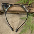 Handcrafted crystal cat ears headband detail view, black hair hoop with natural stones. - Black + Tea Brown