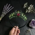 Gothic green crystal headband with crescent moon and red rose crown detail for women fashion style - Grass Green and Black Wire and Antique Bronze Hollow Moon Flower