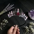 Crystal crown detail shot featuring pink aura quartz, black moon and red rose design for women. - AB Pink and Black Wire and Antique Bronze Hollow Large Moon and Flower