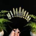 Closeup detail of the crystal crown headband featuring yellow quartz pillars and silver butterfly. - Yellow and Antique Bronze Butterfly