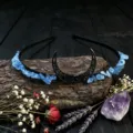 Handmade black metal crescent moon headband with blue crystal chips for daily and festival wear. - Aquamarine+Black Moon