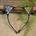 Handmade crystal cat ear headband detail, blue and green crystal clusters wire-wrapped on hoop. - Dark Blue Burst + Yellow Green