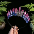 Detailed view of the handmade crystal crown headband featuring pink and blue quartz and a butterfly. - Red Blue with Antique Bronze Butterfly
