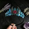 Crystal tiara crown featuring blue quartz clusters, metal crescent moon and red rose for women. - Blue and Black Wire and Antique Bronze Hollow Moon Flower